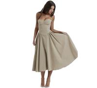 Sleeveless Corset Fit Midi Dress Spaghetti Strap Sundress Solid Color Print Bustier High Waist A Line Dress with Pockets (Coffee,M)