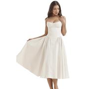 Sleeveless Corset Fit Midi Dress Spaghetti Strap Sundress Solid Color Print Bustier High Waist A Line Dress with Pockets (White,XL)