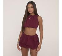 Sleeveless Crop Top And High Waist Puffball Mini Skirt Co-Ord Set In Burgundy, Women's Size UK 12