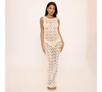 Sleeveless Cut Out Back Detail Maxi Dress In Cream Crochet Knit, Women's Size UK Medium M