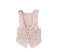 Sweater Vest Women,Womens Floral Crochet Vest White V-Neck Hollow Mandala Flower Sleeveless Open Front Button Short Vest Shawl Cardigan Knit Boho Hippie Gilet Blouse Summer Bikini Cover Up,Beige