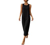 Sleeveless Dresses for Women-Ladies Cotton Linen Round Neck Dress Summer Solid Sleeveless Back Zipper Dress Casual A-Line Dresses with Pockets Vacation Outfits Breathable Comfy