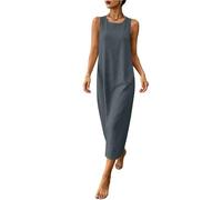 Sleeveless Dresses for Women-Ladies Cotton Linen Round Neck Dress Summer Solid Sleeveless Back Zipper Dress Casual A-Line Dresses with Pockets Vacation Outfits Breathable Comfy