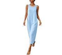 Sleeveless Dresses for Women-Ladies Cotton Linen Round Neck Dress Summer Solid Sleeveless Back Zipper Dress Casual A-Line Dresses with Pockets Vacation Outfits Breathable Comfy