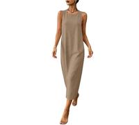 Sleeveless Dresses for Women-Ladies Cotton Linen Round Neck Dress Summer Solid Sleeveless Back Zipper Dress Casual A-Line Dresses with Pockets Vacation Outfits Breathable Comfy