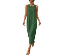 Sleeveless Dresses for Women-Ladies Cotton Linen Round Neck Dress Summer Solid Sleeveless Back Zipper Dress Casual A-Line Dresses with Pockets Vacation Outfits Breathable Comfy