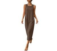 Sleeveless Dresses for Women-Ladies Cotton Linen Round Neck Dress Summer Solid Sleeveless Back Zipper Dress Casual A-Line Dresses with Pockets Vacation Outfits Breathable Comfy