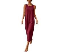 Sleeveless Dresses for Women-Ladies Cotton Linen Round Neck Dress Summer Solid Sleeveless Back Zipper Dress Casual A-Line Dresses with Pockets Vacation Outfits Breathable Comfy