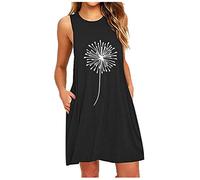 Sleeveless Dresses Plus Size, Ladies Casual Dresses, Comfortable Scoop Neck Sundress Fashion Dandelions Printed Short Dress Basic Summer Dress Loose Breathable Beach-Dress For Go Out