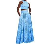 Sleeveless Elegant Lace Two Piece Maxi Skirt Set Eyelet Women's Sleeveless Elegant Lace Two Piece Long Skirt Suit Long Skirt With Pocket Hollow Fabric plus Size Women Skirt Suit (Blue, M)
