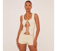 Sleeveless Eyelet Detail Tie Front Top In Stone Woven, Women's Size UK 12