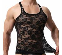 Sleeveless Floral Lace Vest Men See Through Mesh Tank Top Elastic Round Neck Undershirt Summer Lounge M-2XL(Black XXL)