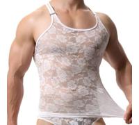 Sleeveless Floral Lace Vest Men See Through Mesh Tank Top Elastic Round Neck Undershirt Summer Lounge M-2XL(White L)