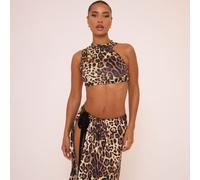 Sleeveless High Neck Crop Top In Brown Leopard Print, Women's Size UK 10