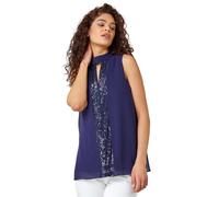 Roman Sleeveless High Neck Sequin Top for Women UK - Ladies Spring Everyday Summer Holiday Keyhole Neckline Comfy Sleeveless Soft Cool Fabric Overlay Shirts - Navy - Size 10