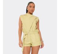 Sleeveless High Neck Trench Detail Playsuit In Stone, Women's Size UK 6