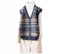 Sleeveless Jacket,Women’S V Neck Sweater Vest Retro Navy Blue Cardigan Jacket Striped Snowflake Jacquard Xmas Sleeveless Knitted Gilets Waistcoat Preppy Style Jumper Uniform Tank Top ,Navy Blue,Xl