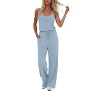 Sleeveless Jumpsuits for Women UK Cami Playsuits with Pockets and Adjustable Straps Summer V Neck Drawstring Plain Rompers Loose Fit Elastic High Waist Overalls Wide Leg Casual Comfy Lounge Dungarees