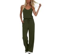 Sleeveless Jumpsuits for Women UK Cami Playsuits with Pockets and Adjustable Straps Summer V Neck Drawstring Plain Rompers Loose Fit Elastic High Waist Overalls Wide Leg Casual Comfy Lounge Dungarees