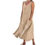 Sleeveless Maxi Dresses for Women UK Dandelion Pattern Print Tank Vest Dress Holiday Beach Flowy A-Line Long Sundress with Pockets Summer Casual Loose-Fit Dress Plus Sizes S-5XL