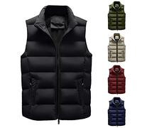 Sleeveless Men's Winter Down Vest Black Plain Sleeveless Standing Vest Quilted Vest Outdoor Lined Hybrid Sports Vests with Stand-Up Collar Outdoor Vests with 2 Pockets Transition Vests, black, L