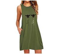 Sleeveless Nightdresses for Women UK Plus Size Casual Pajamas Dress with Pocket Loose Fit Vest Dress Nightwear Crewneck Printed Pullover Loungewear A-line Homewear Army Green S