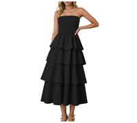 Sleeveless Off Shoulder Smocked Tiered Long Long Going Out Dress for Women Bandeau Strapless Dress Long Summer Ladies A-Line Elegant Dresses Ruffle Tiered Maxi Tube Party Dresses (M) Black