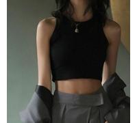 Sleeveless polyester camisole with halter neck design, offering moderate elasticity and a slim silhouette for use from home to club and vacation (M Black)