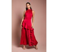 Sleeveless Ruffle Pleat Satin Back Crepe Dress Coast Red 14