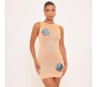 Sleeveless Sequin Shell Applique Detail Mini Dress In Orange Glitter Knit, Women's Size UK Large L