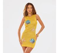 Sleeveless Sequin Shell Applique Detail Mini Dress In Yellow Glitter Knit, Women's Size UK Medium M