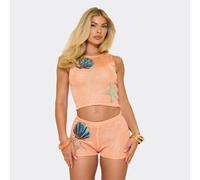 Sleeveless Shell Applique Detail Crop Top In Orange Glitter Knit, Women's Size UK Small S