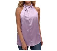 Sleeveless Silk Satin Camisole Elegant Party Blouses Off Shoulder Summer Strapless HalterNeck Tank Tops Solid Silk Shirt Satin Blouse Tees Tunics Camisole for Ladies Casual Holidays (Light Purple, XL)