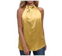 Sleeveless Silk Satin Camisole Elegant Party Blouses Off Shoulder Summer Strapless HalterNeck Tank Tops Solid Silk Shirt Satin Blouse Tees Tunics Camisole for Ladies Casual Holidays Tunic (Yellow, XL)