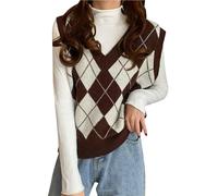 Sleeveless Sweater Vest Women's Argyle Pullover Vest Women Y2K Plaid Knitted Streetwear Preppy Style V Neck Crop Knitwear Tank Top for Girls Autumn Preppy Style Jumper, O coffee., S