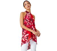 Roman Originals Women Floral Print Tie Detail Blouse - Ladies Spring Everyday Summer Holiday High Neckline Comfy Sleeveless Soft Split Back Shirt Jersey Tops - Red - Size 18