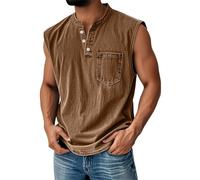 Sleeveless T Shirts for Men UK, Henry Collar Sleeveless Cool Designer Active Gym Basketball Training Loose Fit Muscle Vest, Muscle Cooling Summer Running Rugby Training Vests for Men UK, M Brown
