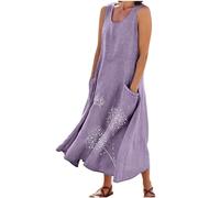Sleeveless Tank Dresses for Women UK Summer Casual Loose-Fit Dandelion Pattern Print Vest Dress Vacation Flowy A-Line Long Sundress with Pockets Ladies Maxi Dress Plus Sizes S-5XL