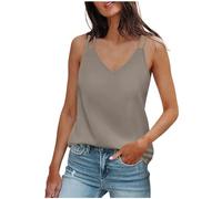 Sleeveless Tank Tops Satin Blouse Loose Fit Solid Elegant Party T Shirts Silk Shirt Spaghetti Strap Satin Lingerie Camisoles Basic V Neck Dressy Silky Camisole Fashion Tank Shirt (Khaki, L)