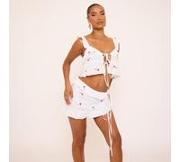 Sleeveless Tie Front Embroidered Cherry Frill Top In White, Women's Size UK 8