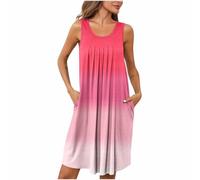 Sleeveless Tshirt Dresses Women UK Sale Clearance,Ladies Summer Dresses Beach Petite Elegant U Neck Gradient Tank Dress Casual Pleated Beach Boho Dress A Line Swing Sun Dress with Pockets