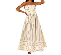 Sleeveless V Neck Tie Waist Shirt Dress Women's Striped Sleeveless Strapless Backless Simple Dress Casual Belted Dresses for Women (Beige, M)