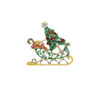 Sleigh Ride Green Christmas Tree Brooch Pin for Women Elegant Multi-Colored Rhinestones Sled Candy Cane Brooches Lapel Pins Sweater Dresses Suit Clothes Accessories Jewelry