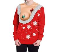 SLEITY Women 3D Digital Print Long Sleeve Round Neck Party Novelty Funny Ugly Sweatshirts - Red - Large