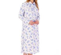 Slenderella Floral Print Interlock Long Sleeve Buttoned Top Cotton 45 inch Nightdress (16/18, Blue)