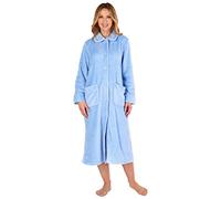 Slenderella Ladies Button Up Coral Fleece Dressing Gown Bath Robe with Waffle Detail Medium (Blue)