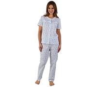 Slenderella Ladies Floral Pyjamas Lace Trim Button Up Short Sleeve Top & Bottoms Set UK 10/12 (Blue)