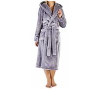 Slenderella Ladies Super Thick Soft Plain Silver Grey Velvet Fleece Self Tie Belt Hooded Bath Robe Dressing Gown House Coat Large 16 18
