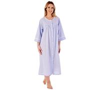 Slenderella Seersucker 3/4 Sleeve Popper Front Gathered Yoke 45 inch Housecoat (10/12, Blue)