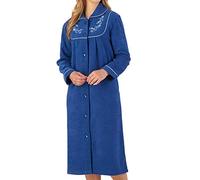 Slenderella Womens Button Up Dressing Gown Soft Boucle Fleece Embroidered Housecoat Small (Navy)